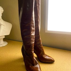 Vintage Ottorino Bossi brown leather tall boots with punch detail size IT 38.5